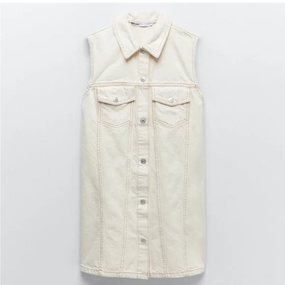 NWT Zara Women’s Ecru Cream Denim Sleeveless Snap Button Jacket